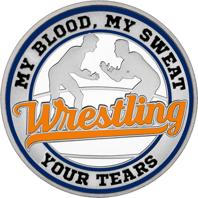Orange "Wrestling" with Navy Blue Outer Circular Borders